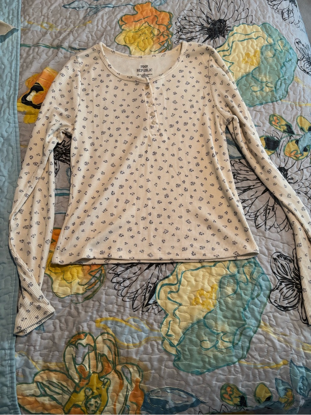 Pink Republic Cream Ribbed Henley with Tiny Navy Floral Print
